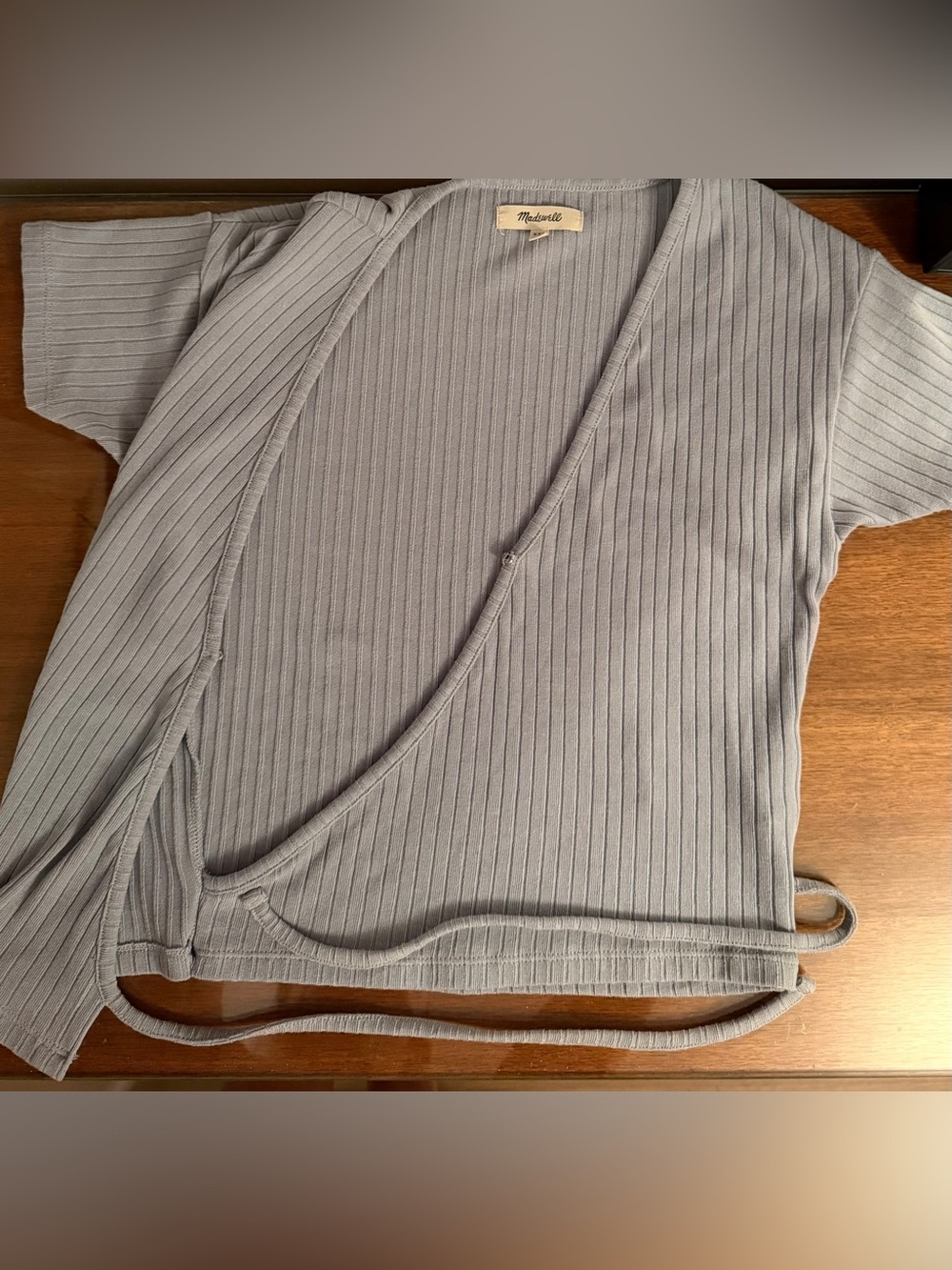 Madewell SZ XXS Pale Blue Ribbed Faux Wrap Crop Top - Picture 8 of 13